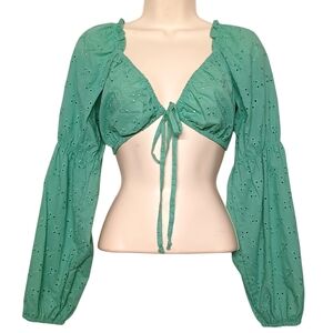 WILD FABLE Crop Top Long Sleeve Eyelet Front Tie Stretchy Teal Blue Medium NWT